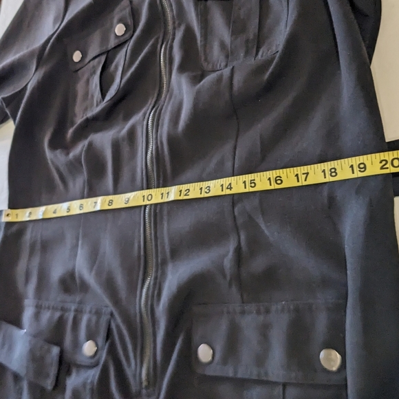 Sharagano Belted Zip Shirt Dress Safari Patch Pocket Roll Tab Sleeve Black - Picture 12 of 16